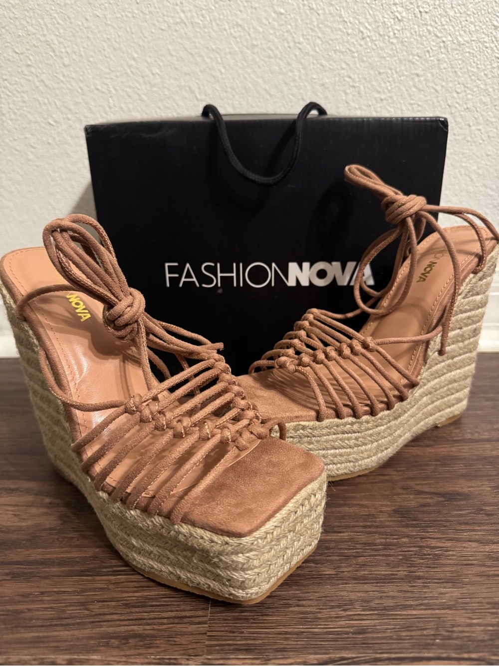 Fashion Nova Taupe Lace-Up Espadrille Platform Wedges